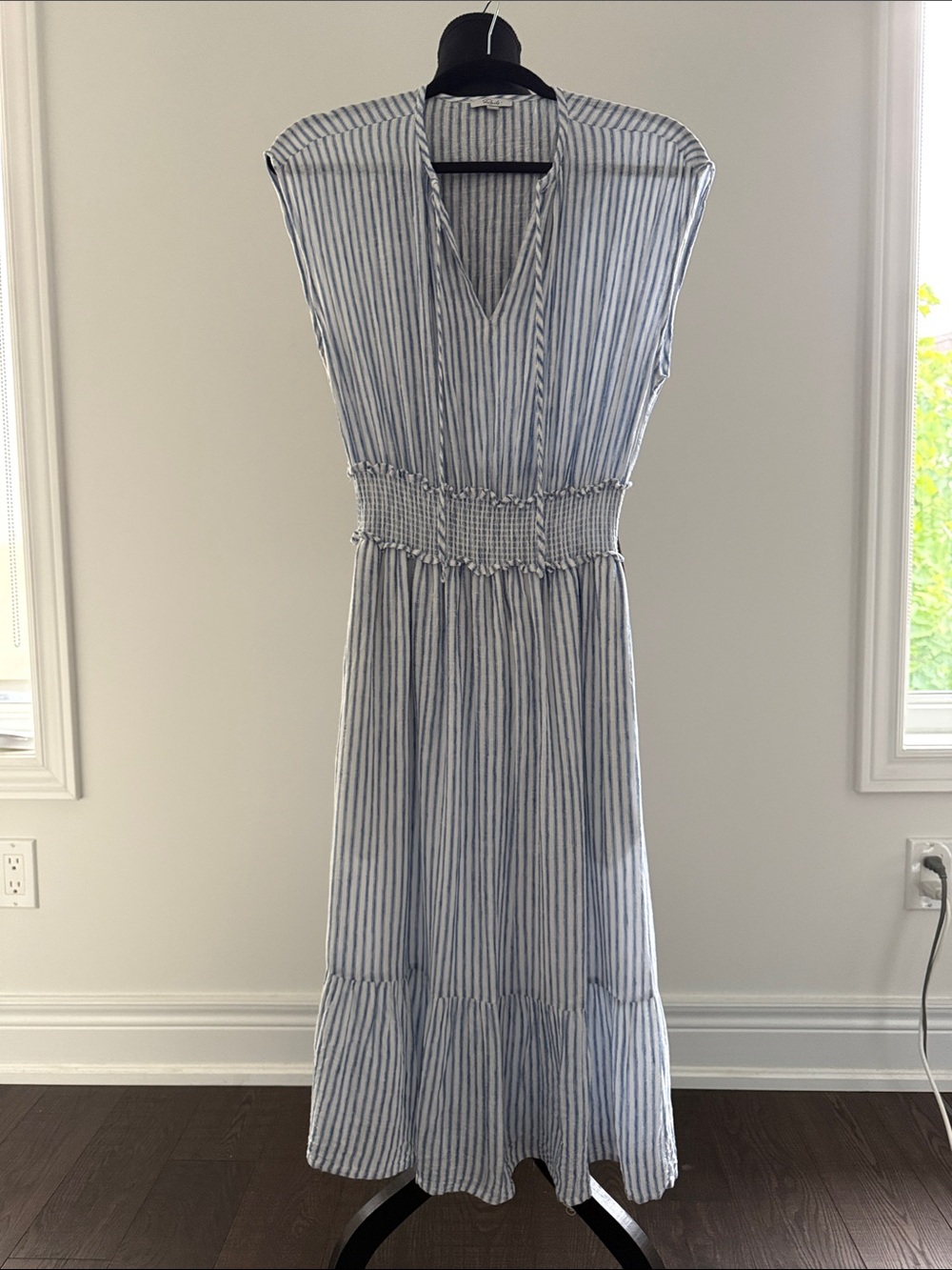 Rails Linen Blend Blue and White Striped Midi Dress with Smocked Waist